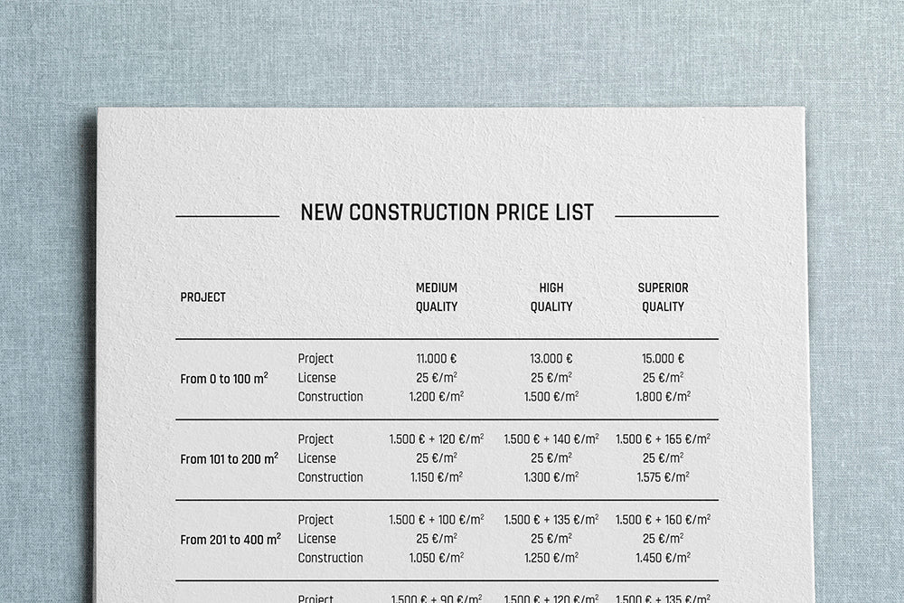 New Construction price list